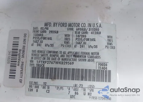 1998 Ford F-250 Lariat/Standard/Xl/Xlt from USA, damaged, VIN 1FTRF2767WKB29569